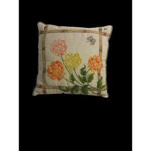 1979 Crewel Embroidered Pillow Signed Dated Vintage Floral Butterfly 16x16